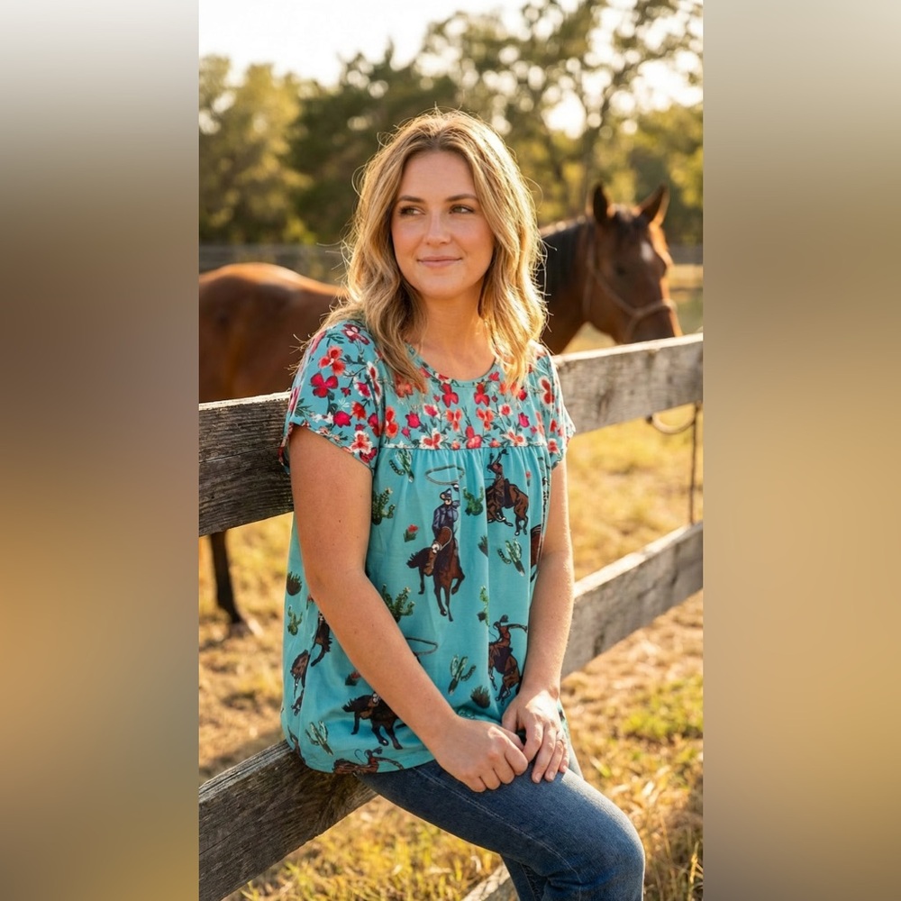 Turquoise Western Floral Blouse Cowgirl Top Rodeo Country Concert Shirt Women